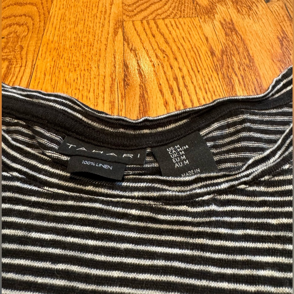 Tahari 100% linen black and white stripe knot front tee size M - Picture 2 of 4